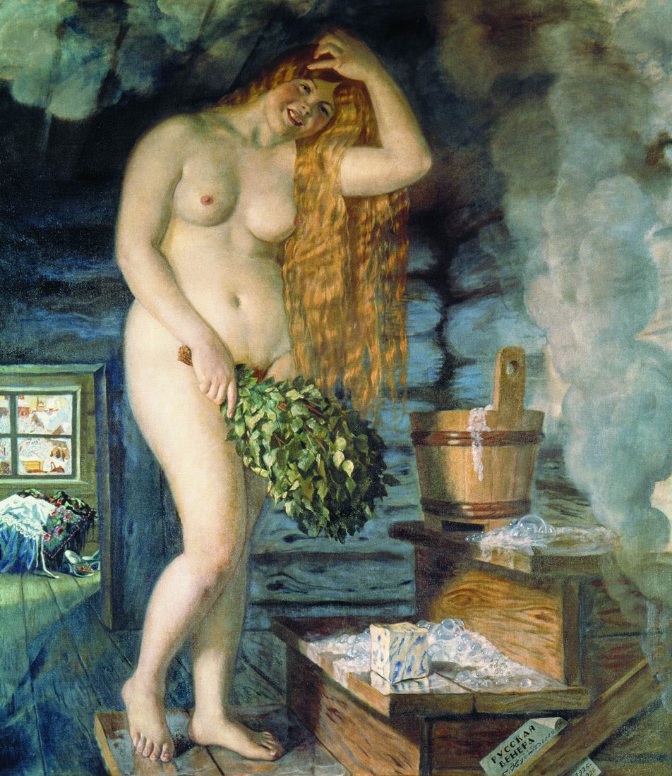 Борис Кустодиев, «Русская Венера», 1925–1926: женщина стоит в мыльной пене в русской бане, за окном снег